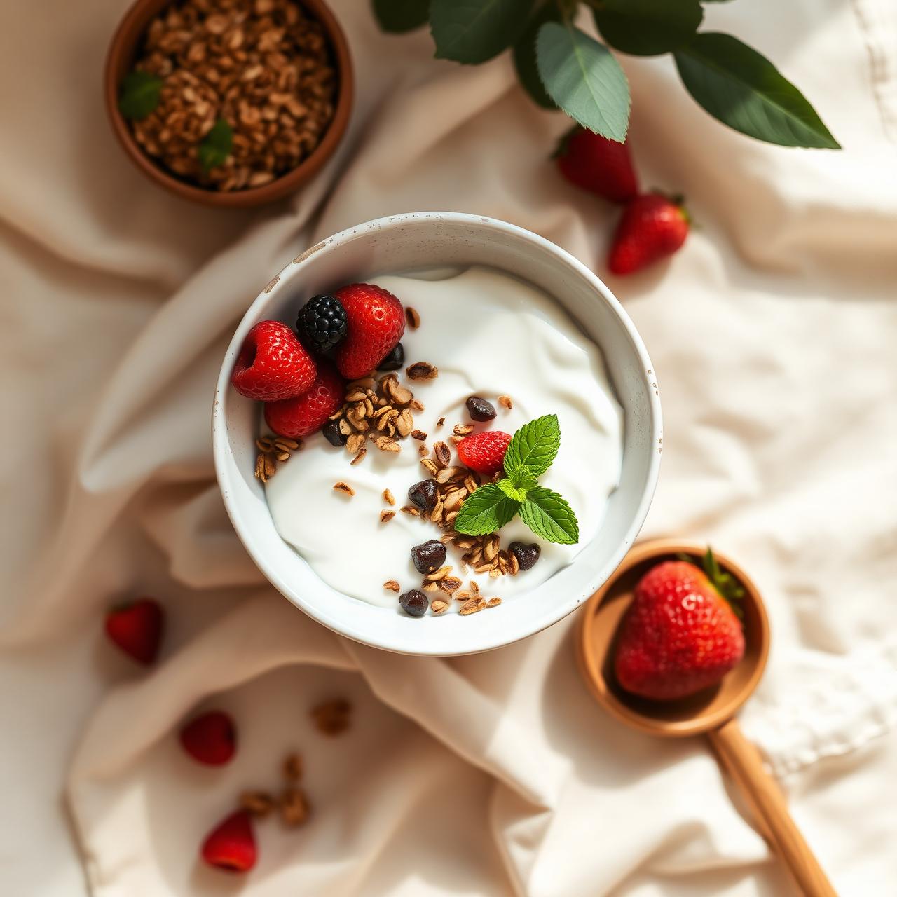 Yogurt bowl with berries, granola and mint on cream linen